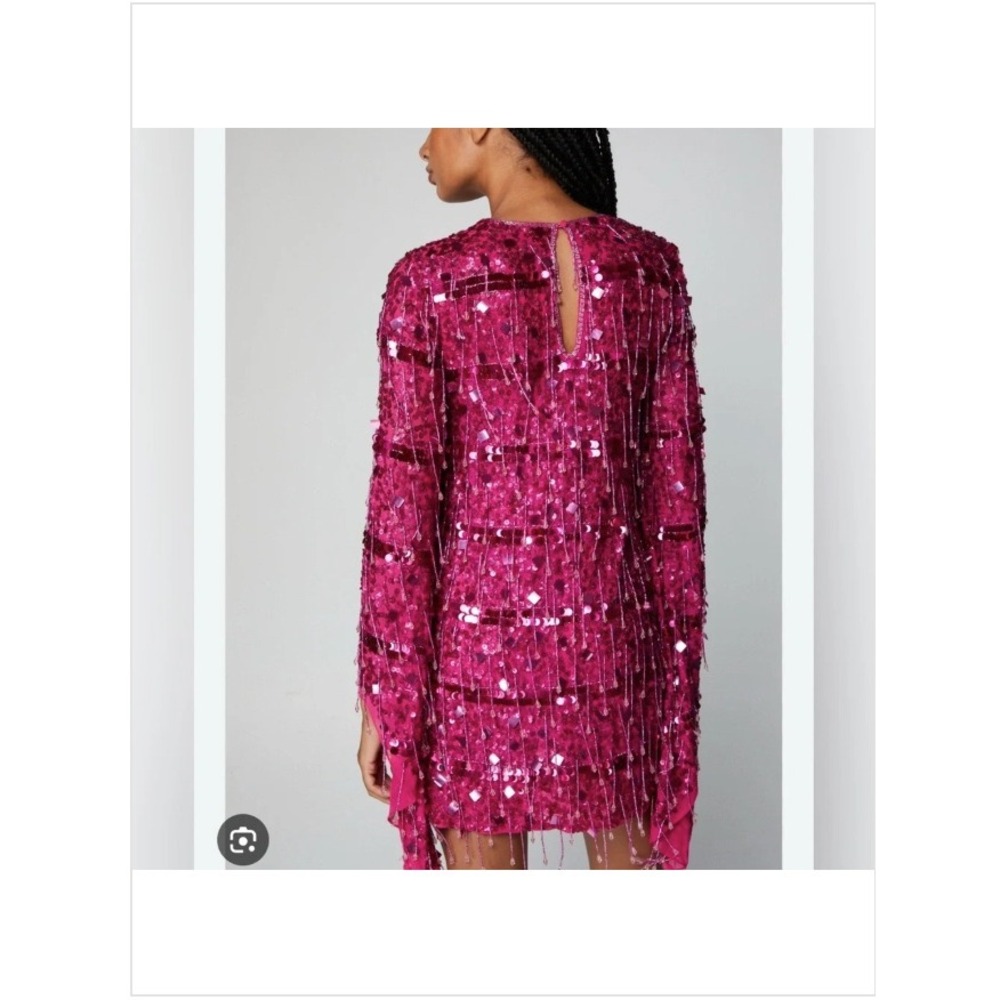 Nasty Gal Pink Sequin Fringe Mini Dress Long Bell Sleeve Beaded Glam Party Sz 6 - Picture 2 of 7
